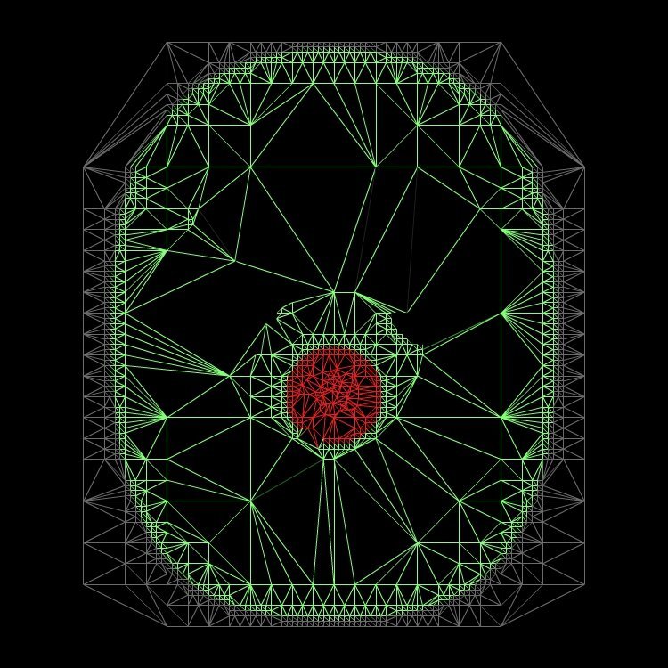 abstract head, red nose, green lines on black back