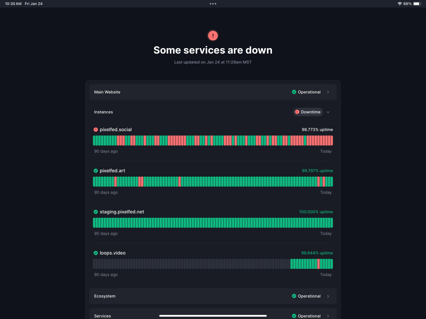 Chart showing status of Pixelfed servers. Pixelfed.social status not good.