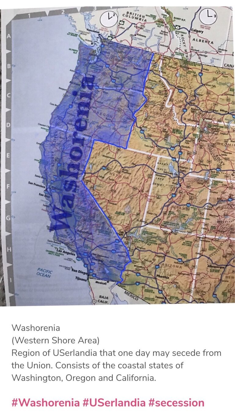 Map of western USerlandia (country that borders Mexico on the north). States of WASHington, OREgon and CaliforNIA outlined in purple and shaded in light purple. Word Washorenia rotated 45° to the left and superimposed over the three states.