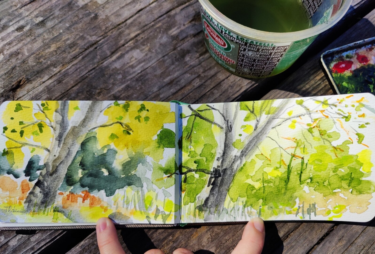 A two paged painting of summer trees and other foliage in a watercolor sketchbook