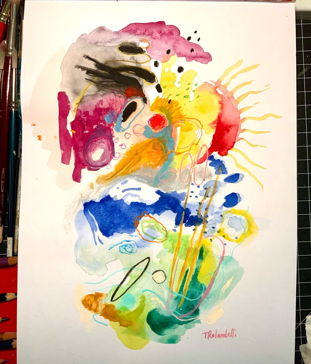 A multicolor abstract on paper, of watercolor shapes and mixed media lines.