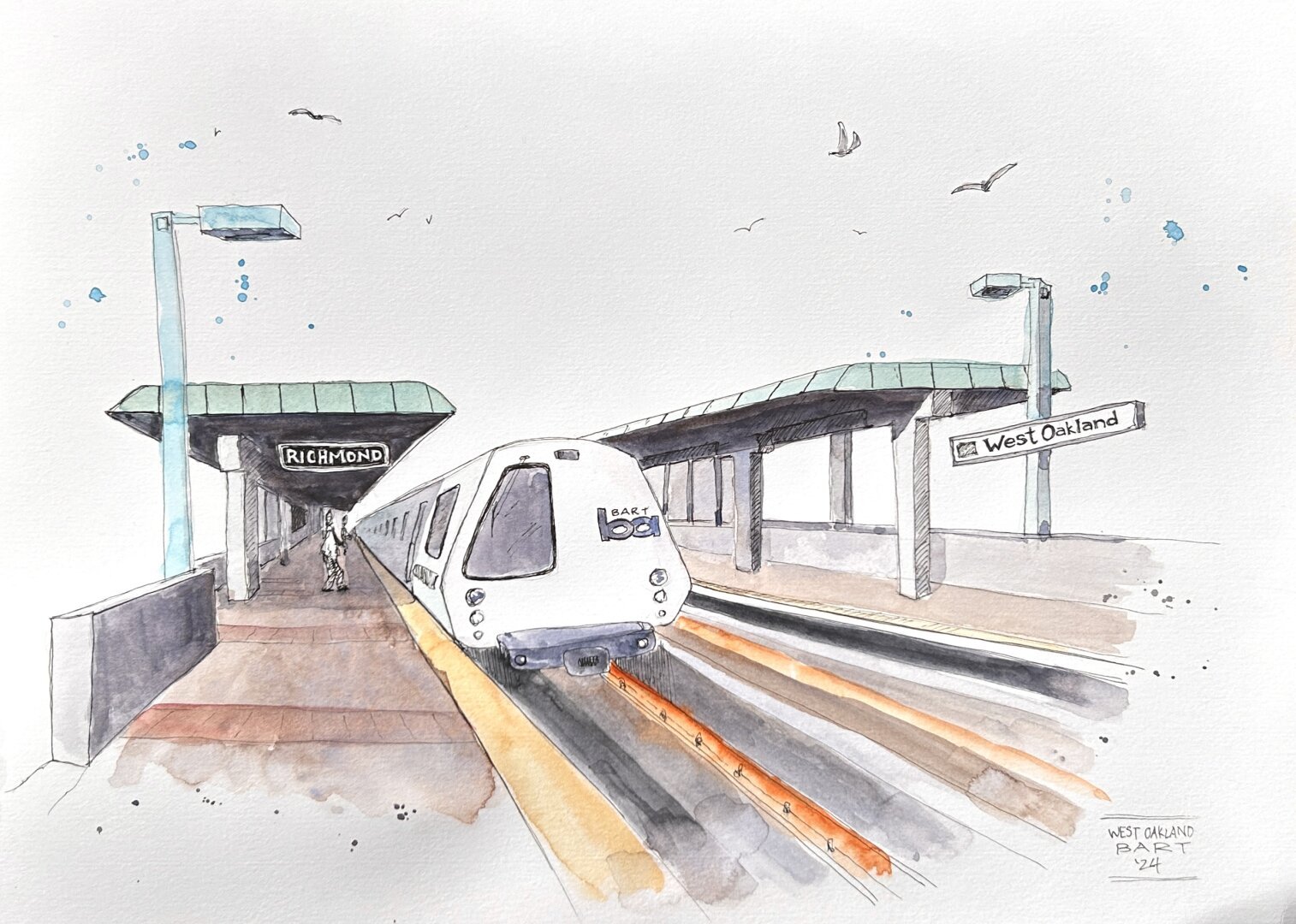 Ink and watercolor sketch of a train at west oakland station