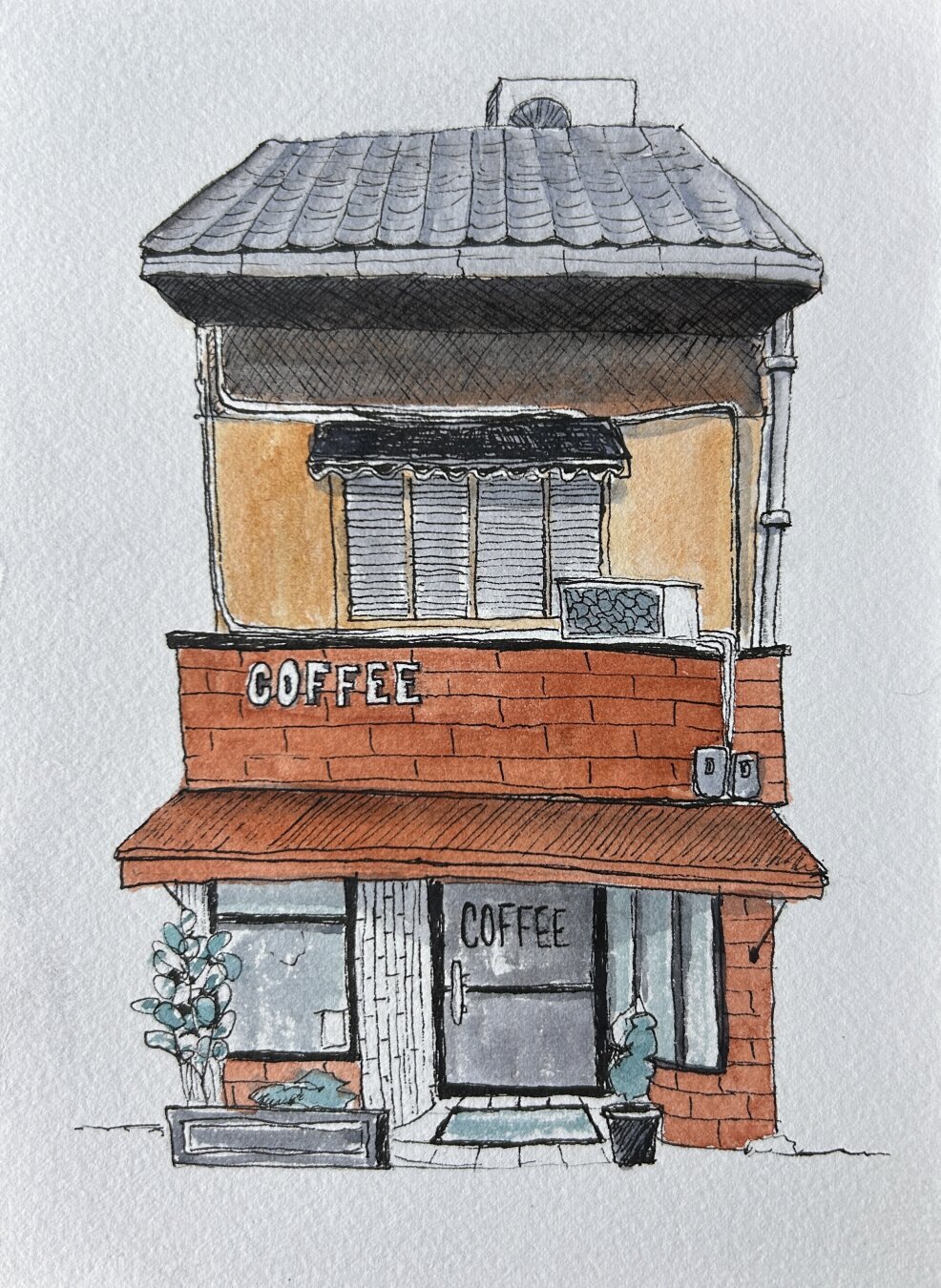 Sketch of a Kyoto coffeeshop in tan and brick