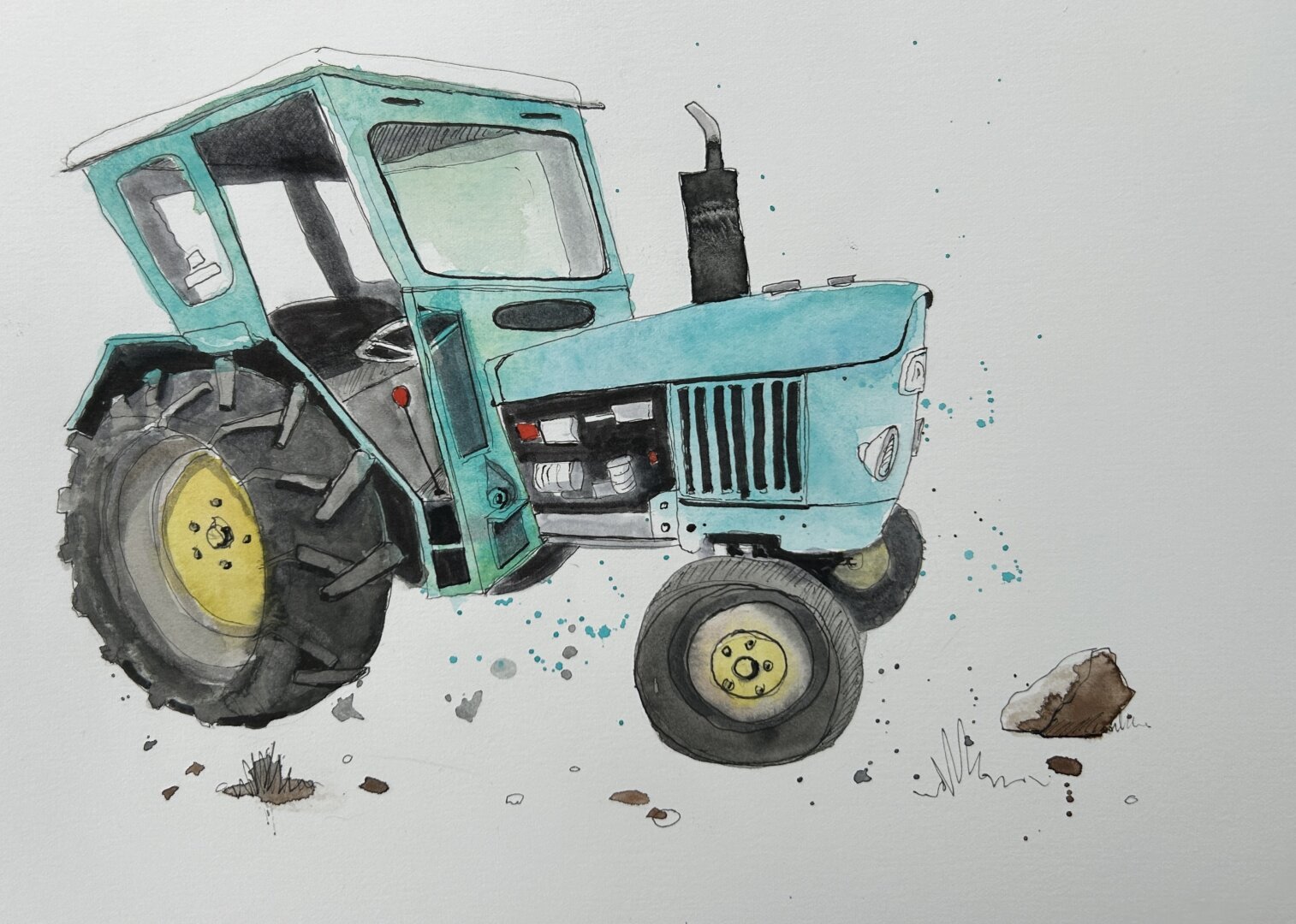 Sketch of an old tractor with big chunky wheels