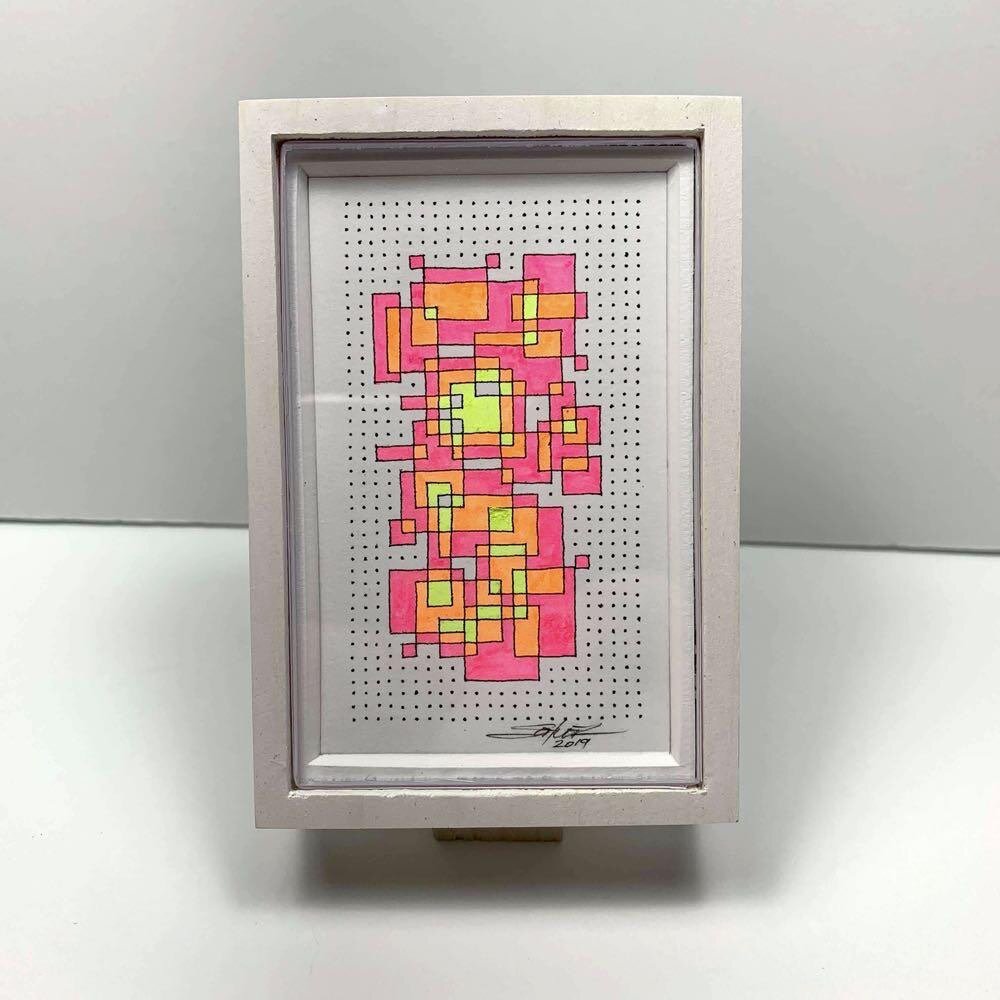 "Framed Fluorescent Tiny Grid 1"

2019.

Hand-drawn original art.

Rapidograph and markers on 2" x 3 1/8" artist marker paper in a handmade monobloc white-stained 2 3/8" × 3 1/2" pine wood frame.

https://mjs.art/sold/

#SOLD #ART