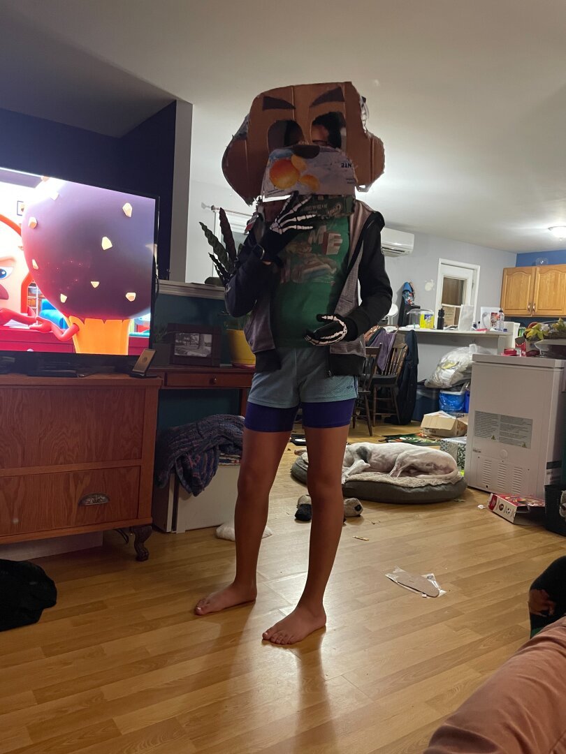 Girl in five nights a freddy head made of cardboard
