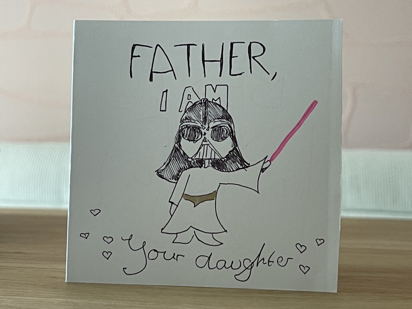Drawing of a Mashup of Leia and DarthVader with the caption: „Father, I am your daughter“