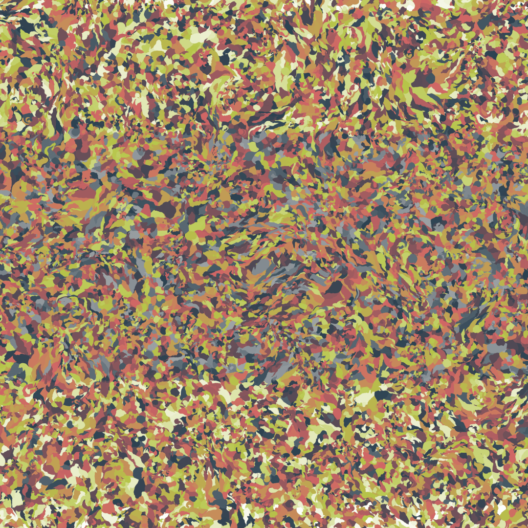 Abstract generative art. I don't quite know how to describe it. It looks vaguely like a dense tiling of irregular paint blob splotches, in a very unnatural looking palette of green, orange, grey, and purple. If you step back you can see that they're arranged in a way that makes it look like there's a grey horizontal background stripe underneath the paint blobs running through the middle of the image, contrasted with a lighter undertone for the rest