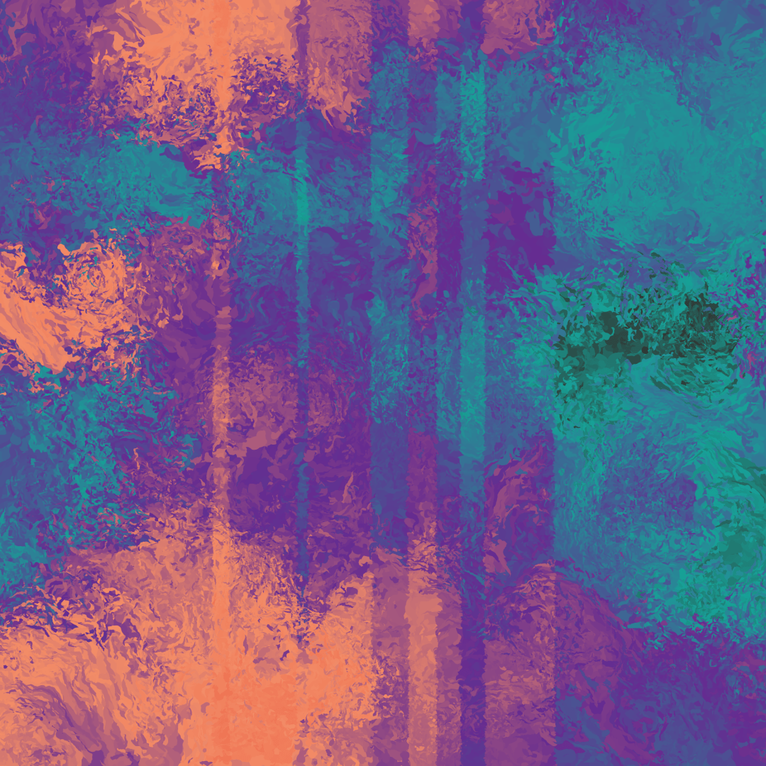 Abstract generative art. The texture is a detailed pattern of swirls in orange, purple, blue, and teal. There is a subtle vertical banding in the piece where the colours change slightly as they cross the boundaries between bands