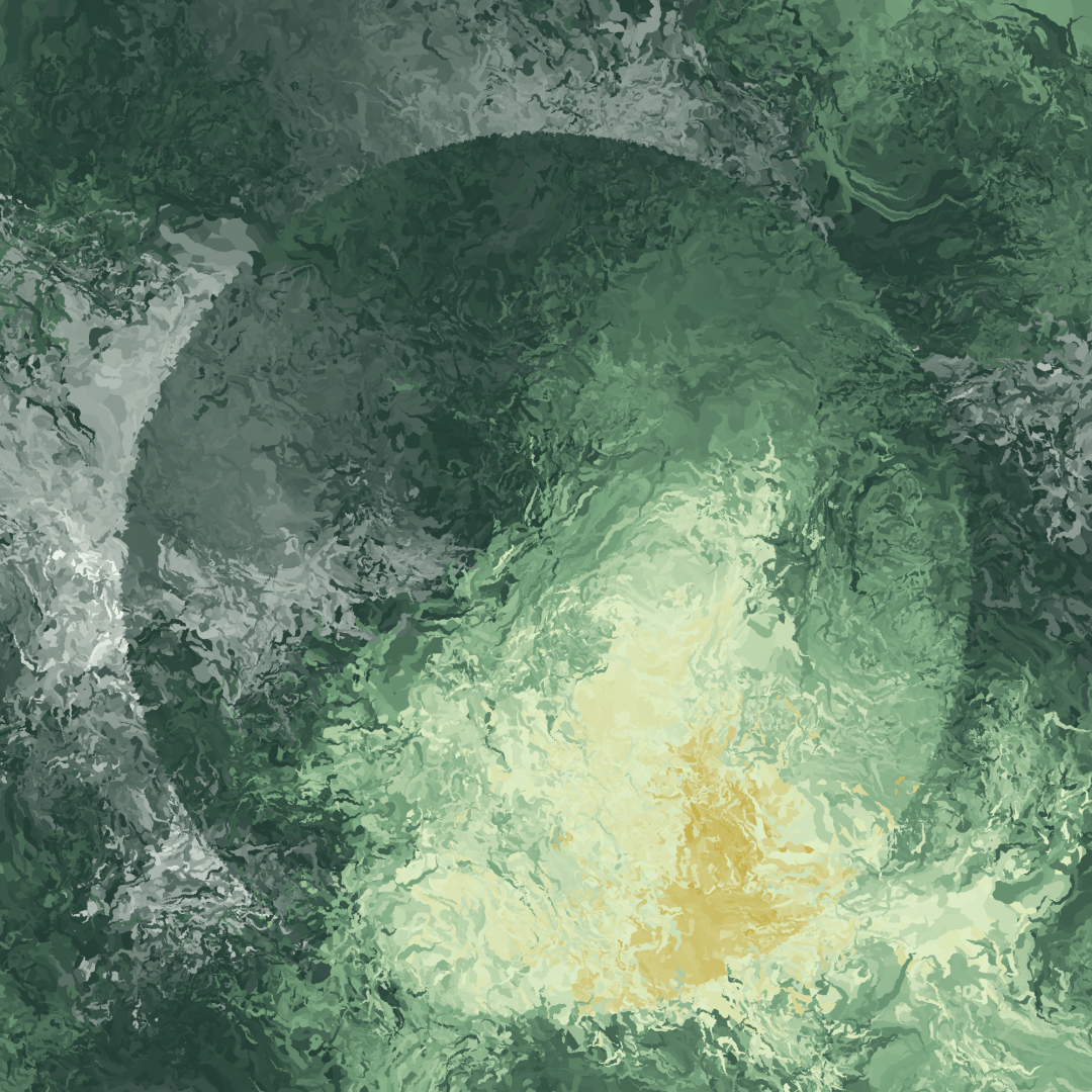 Abstract generative art. Intricate swirling patterns rendered in various shades of dark green with hints of browns and white shades around the edges. There is a noticeable circular shape encompassing much of the image, where the colours shift at the boundary