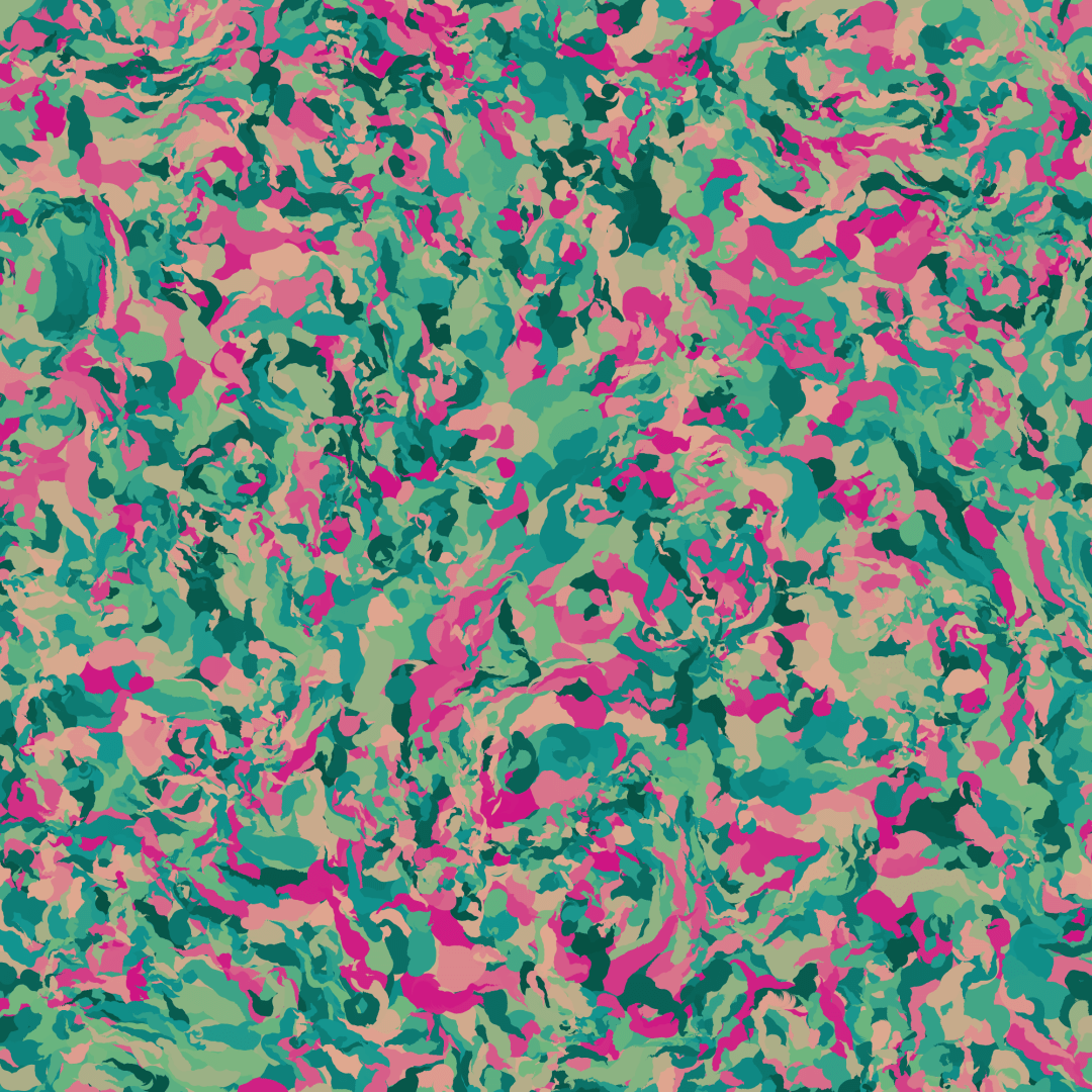 Abstract generative art. Many small swirling shapes in pinks and green. The image has a flatter look than most pieces from this system