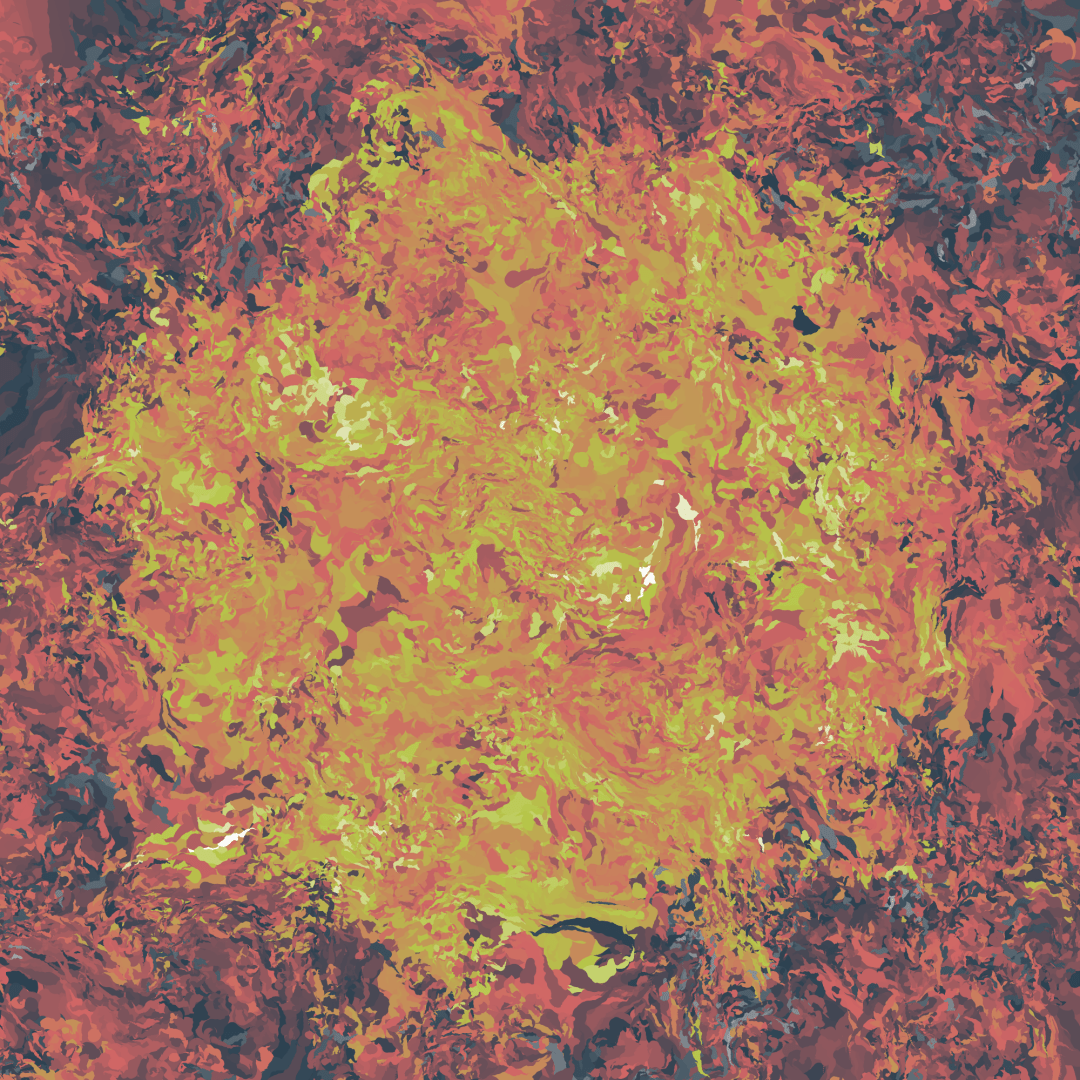 Intricately swirling patterns rendered mostly in tan and red shades. There's a large, circular orb region in the middle that is noticeably more yellow/tan than the surrounding areas that are more red/blue.