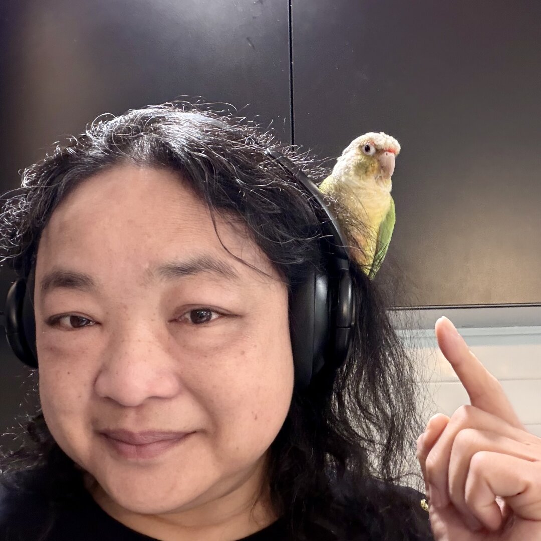An asian woman with headphones on. A yellow and green parrot is perched on the headphones. Looking cheeky! The woman is pointing at him and smiling at him through the camera