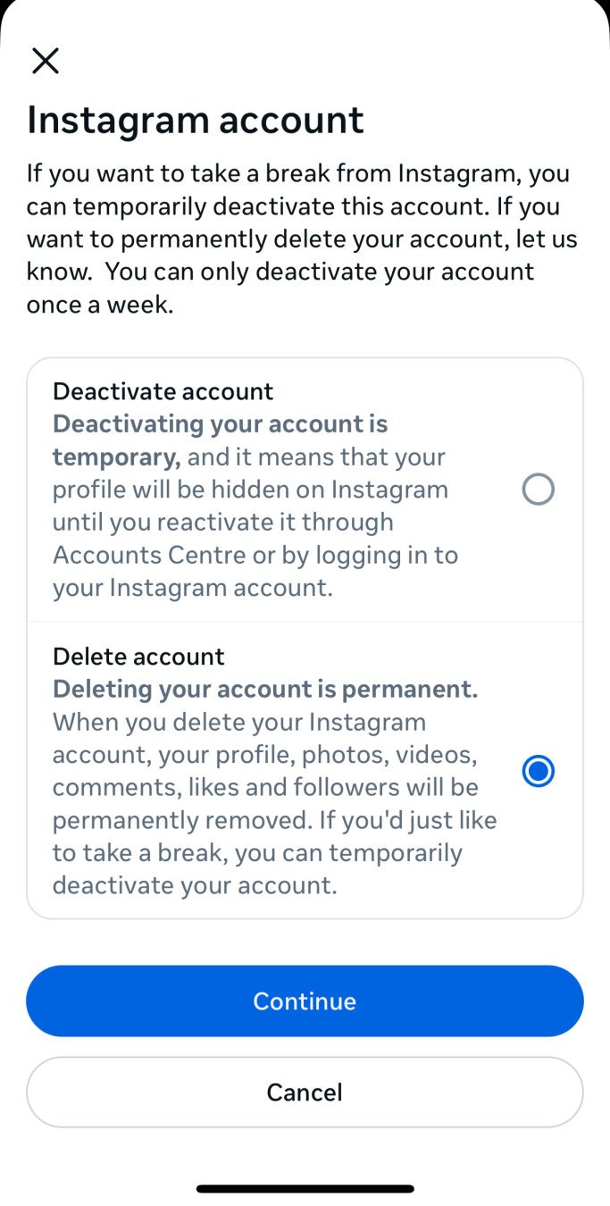 Delete instagram dialogue box