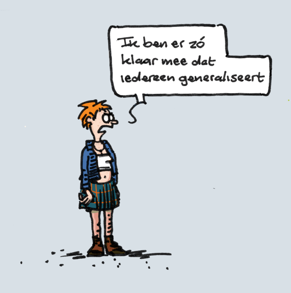 Cartoon van een jonge vrouw in punkige kledij die verontwaardigd zegt: 