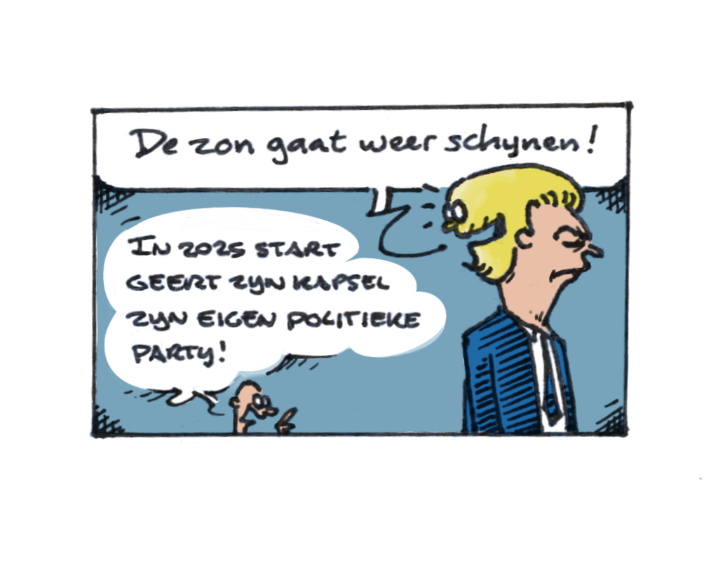 Cartoon van Wilders die nors zwijgend rechts het beeld uitkijkt. Zijn kapsel heeft ogen en een mond en verkondigt blij: 