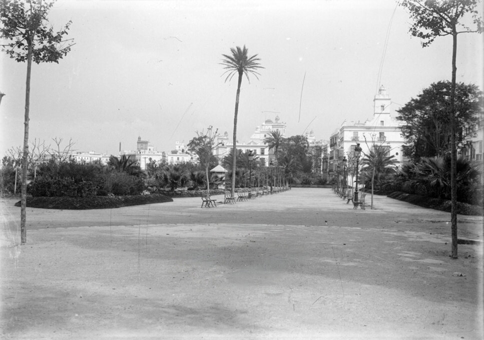 Paseo amplio con zonas arboladas. Tiene un camino central con dos filas de bancos de madera enfrentadas. Entre estos se alternan árboles y farolas.