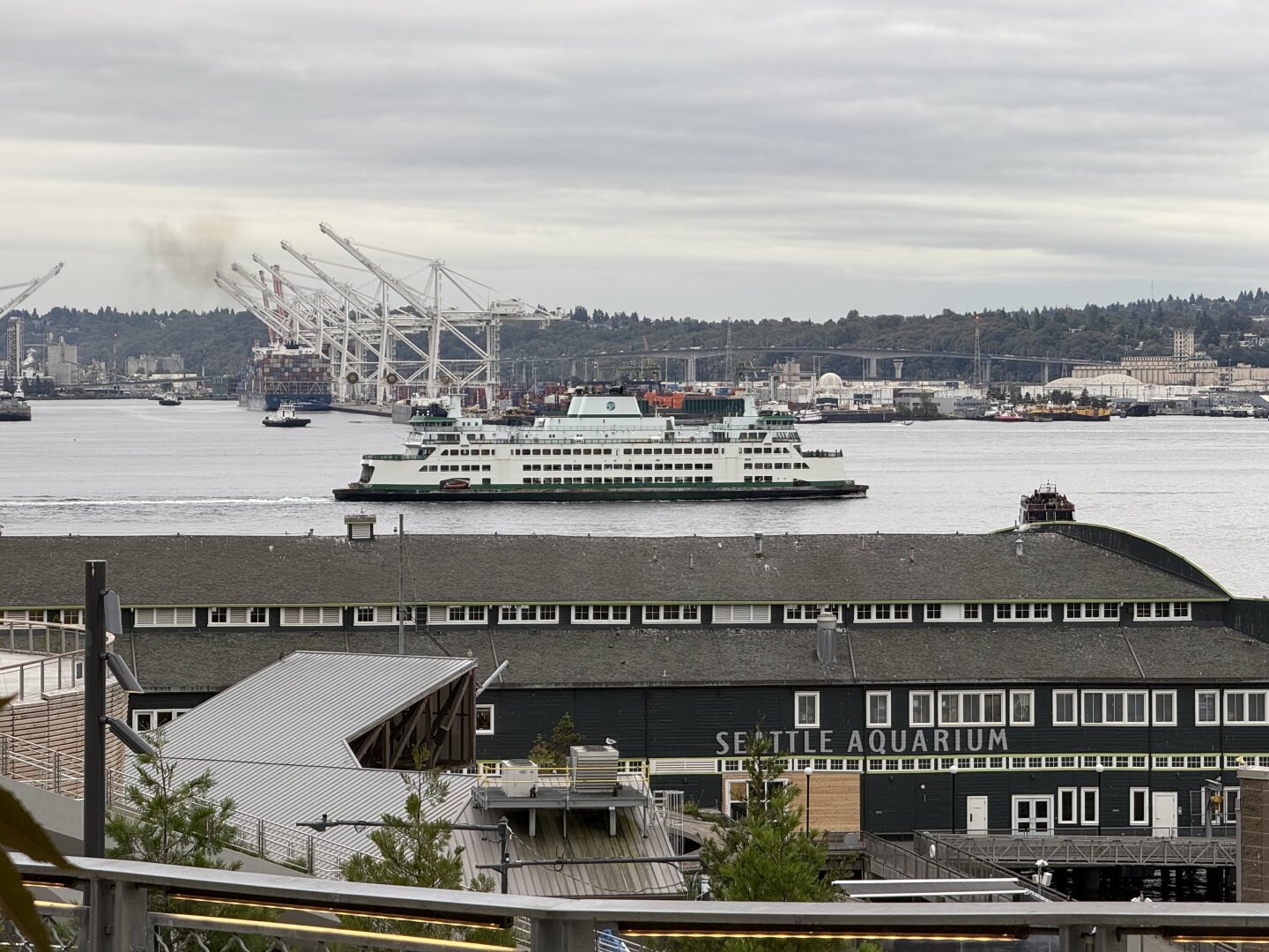 A ferry recently departed from Seattle.