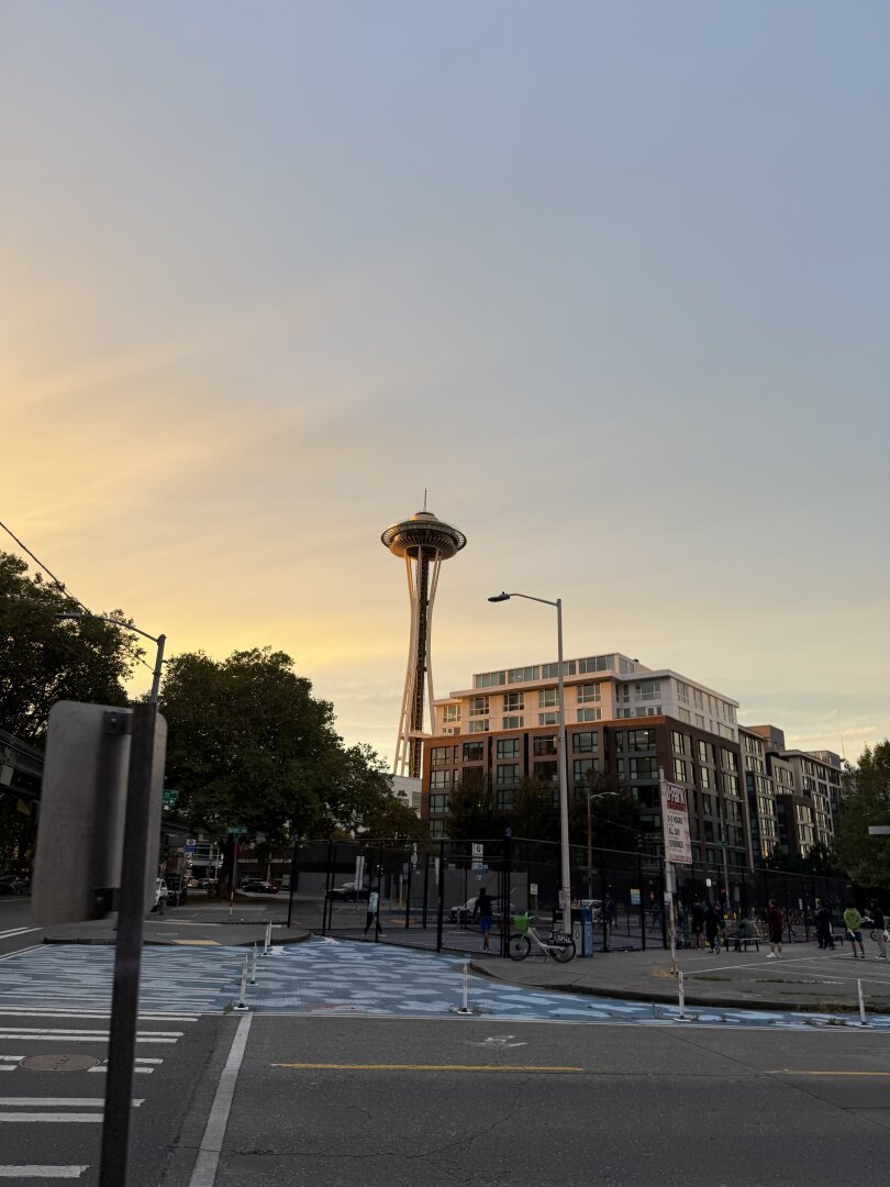 The Space Needle viewed around sunset from further east on Denny than is typical.