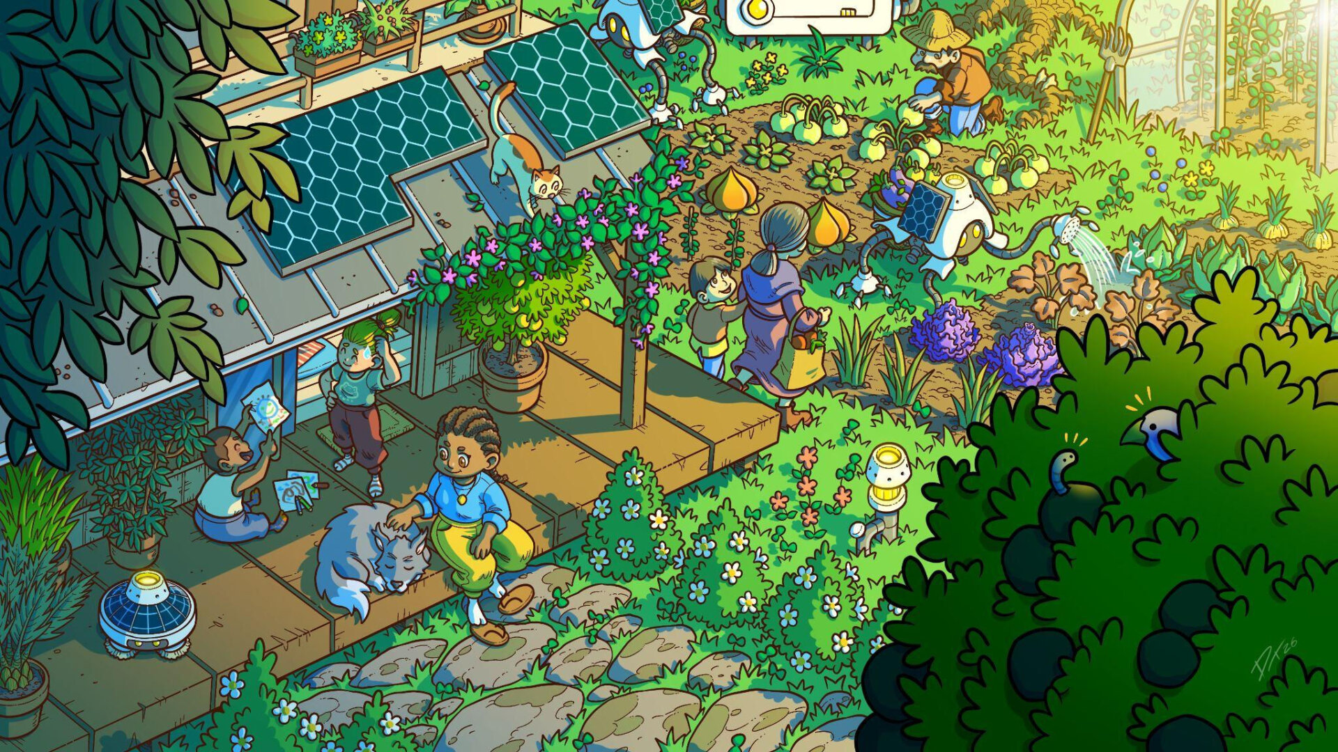 Community Gardens
I envisioned shared gardens within cities where anyone in the community can plant and grow food freely, for everyone’s benefit, with the support of solar-powered robots. Spaces to gather, connect, and spend some relaxing time together, where workshops for children and other community activities can also be organized. A service by the community, for the community.