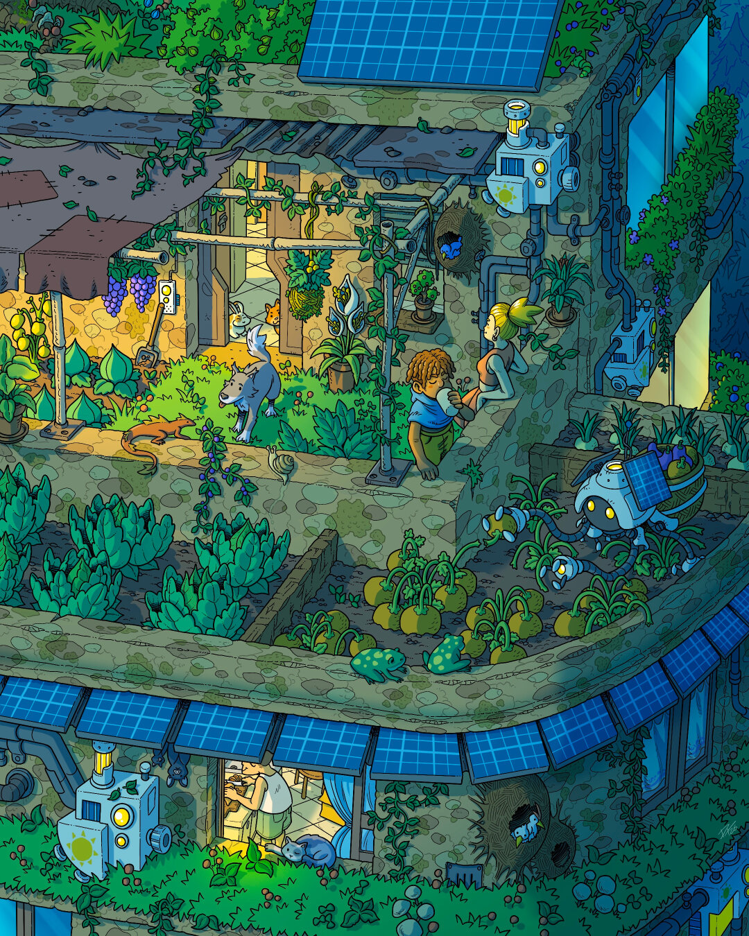 Chilling on the Terrace
Like in almost all my illustrations, even when exploring the Solarpunk genre, what I love most is imagining little everyday life moments like this one. Just people unwinding after a long day, enjoying the evening breeze on their terrace where they grow their own veggie garden.

I love the idea of bringing way more greenery into cities, along with technology that’s integrated with nature and produces clean, renewable energy. The cool thing is that a future like this is already totally possible—we just need the will to make it happen.
I hope these illustrations bring you at least a bit of peace and hope for a better future.