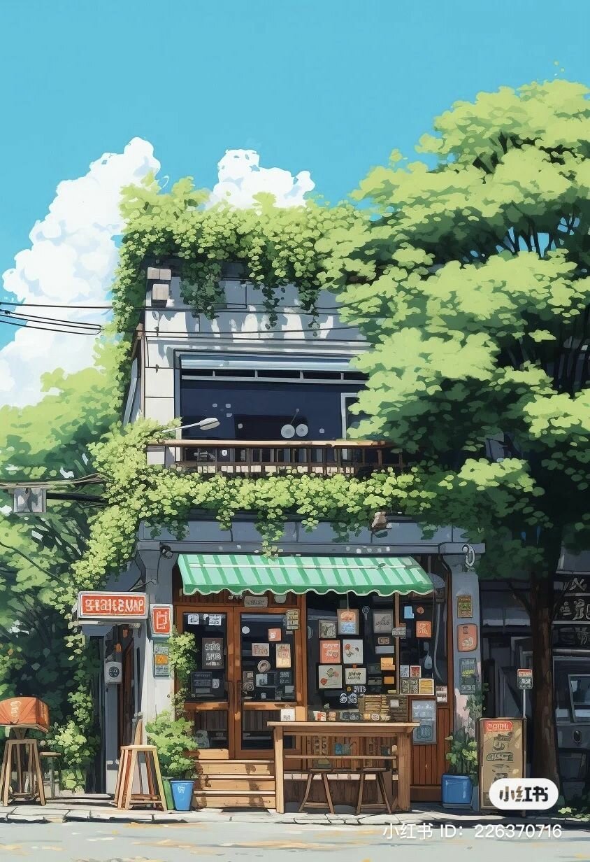 Illustration of a small Japanese house with lots of greenery.