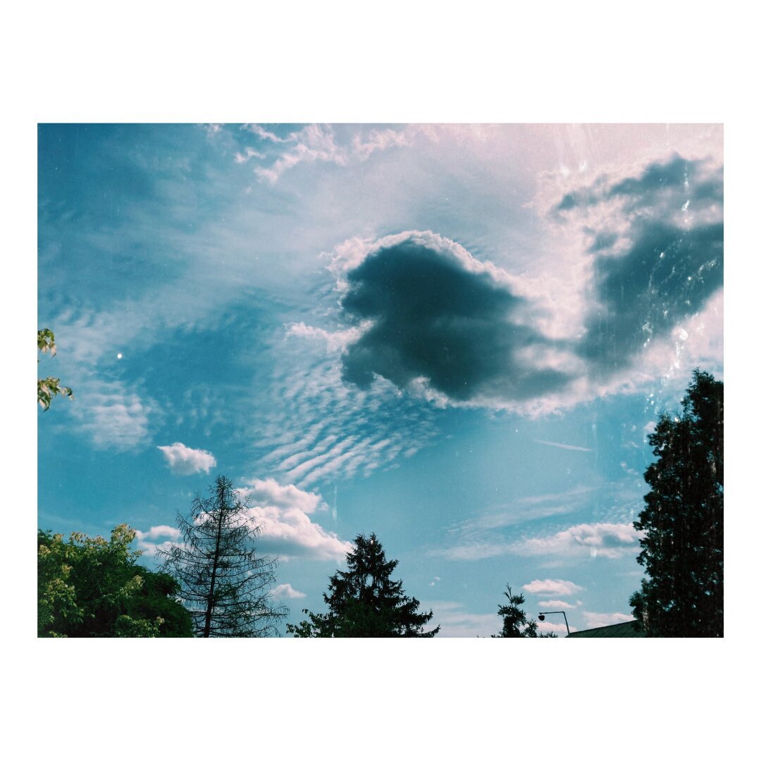 Blue sky partially covered with multiple layers of various clouds, from dark grey cumulus to white cirrus. Upper parts of some trees are visible at the bottom.