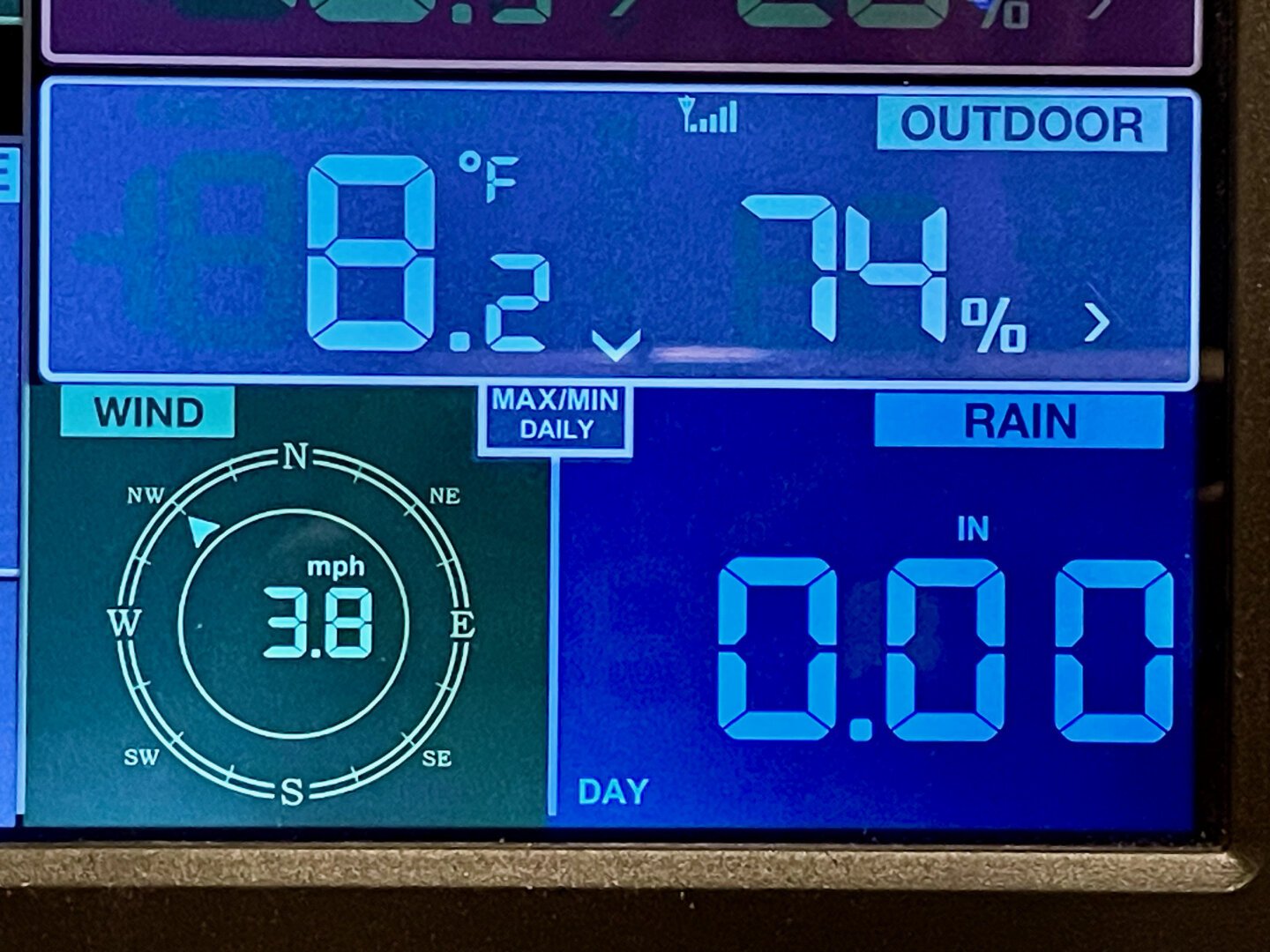 Image of my weather station display indicating a temperature of 8.2℉ and 72 % humidity.