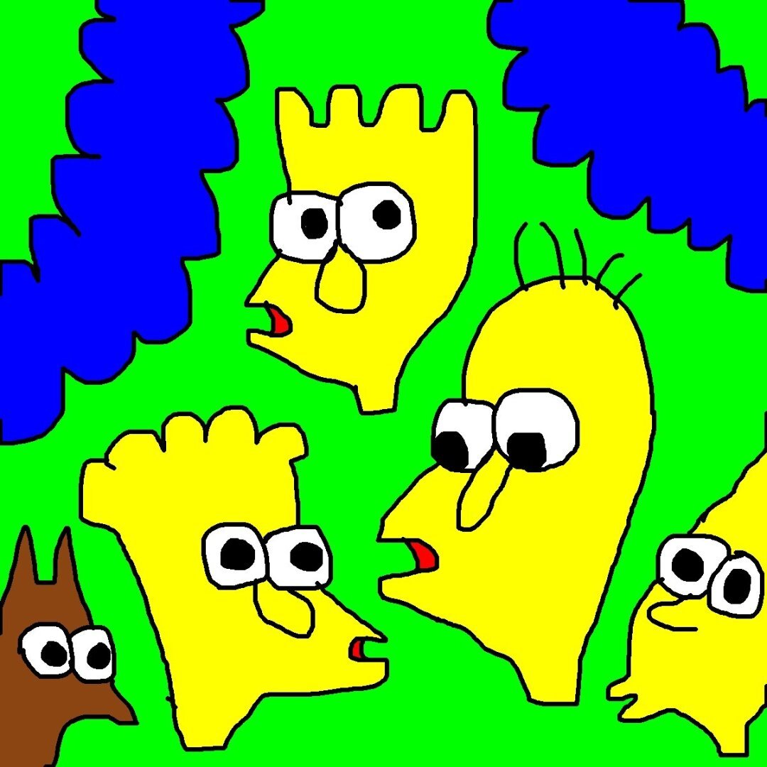 Yellow cartoon faces on bright green background.