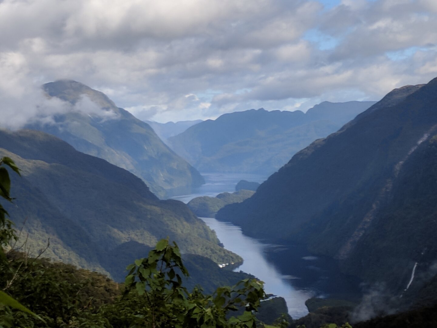 Looking down on Doubtful Sound.  You take a bus over a pass in between 2 boat rides.  Here the bus stopped so we could take pics.