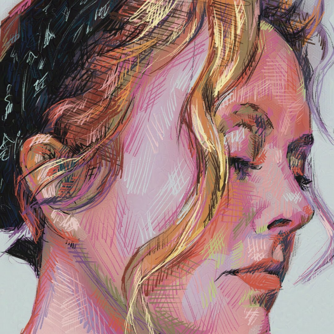Colorful crosshatch drawing of a person looking down and to the right.