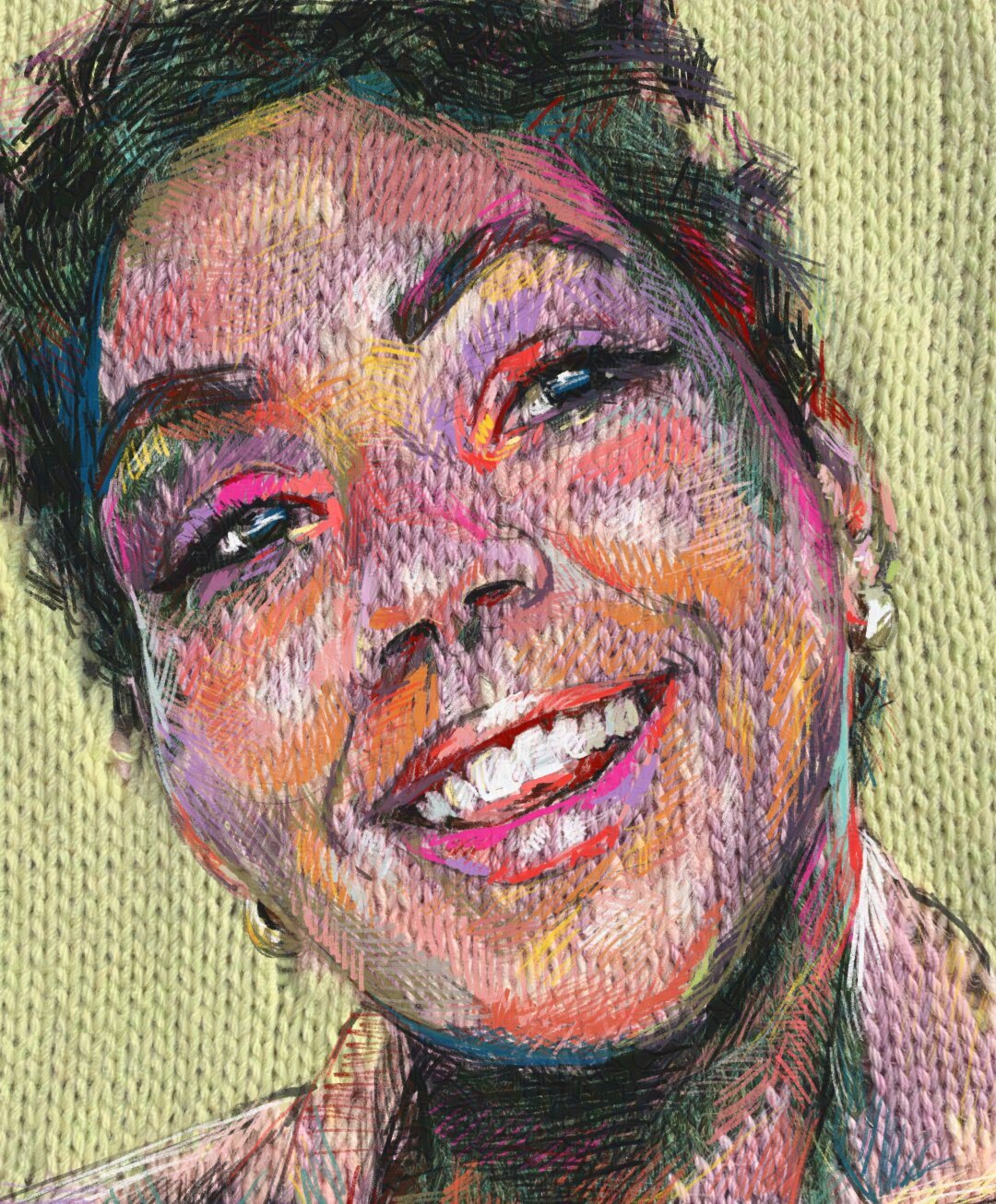 colorful crosshatch drawing of a happy person layered above knit fabric