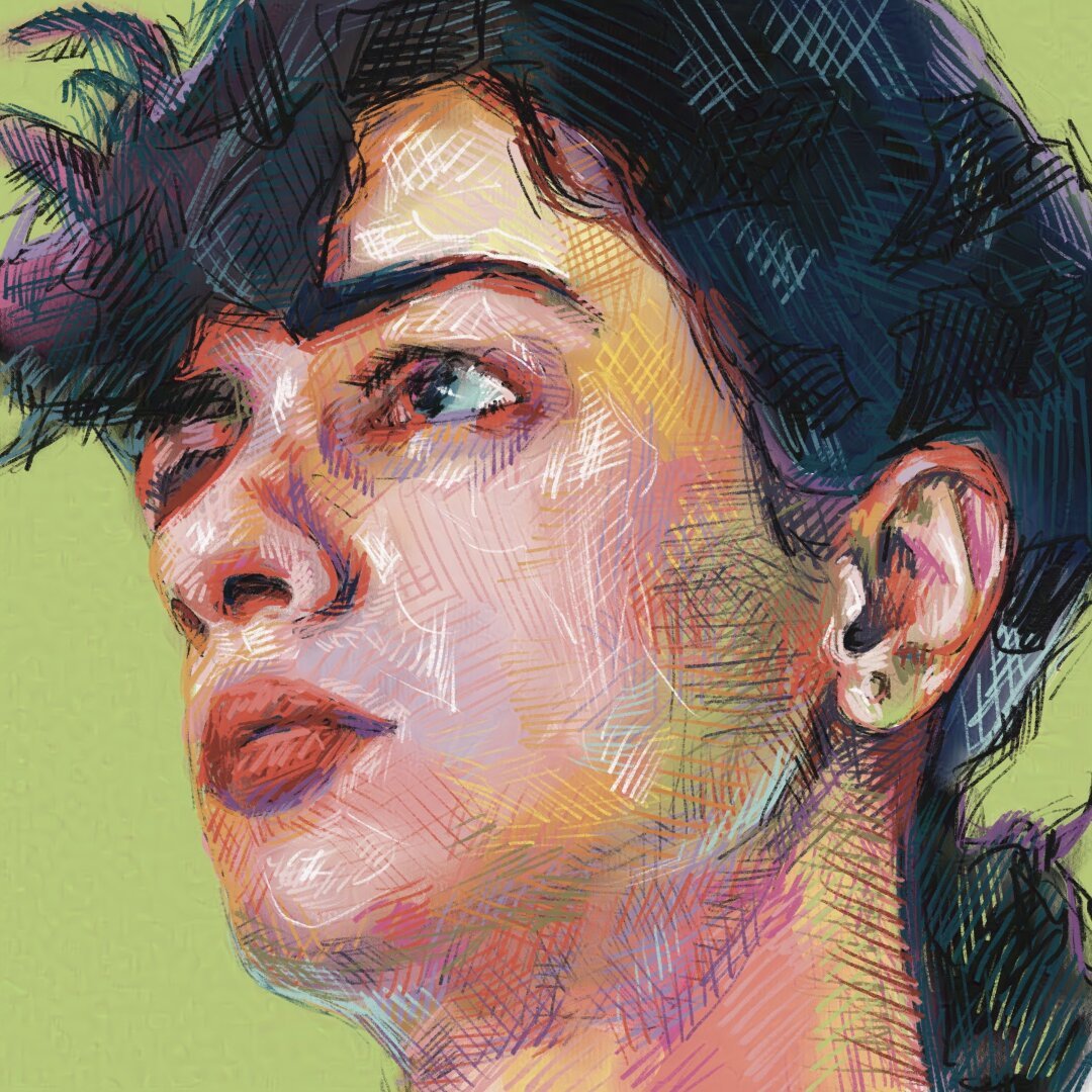 Colorful crosshatch drawing of a person looking up.