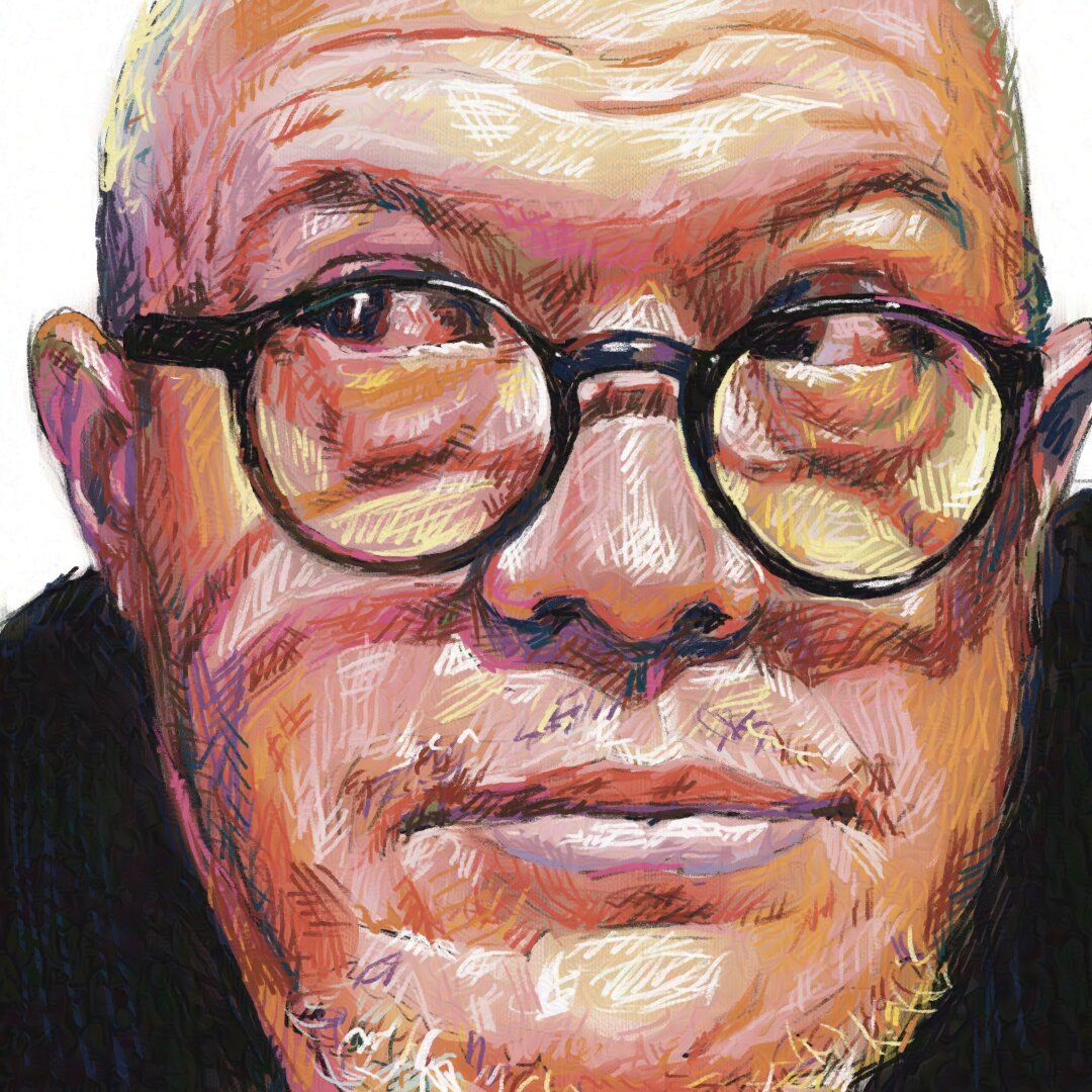 Colorful crosshatch drawing of a person with glasses looking to the left.