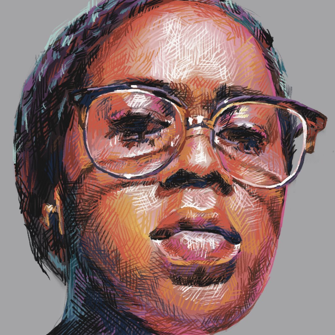 Colorful crosshatch drawing of a person wearing glasses under strong lighting