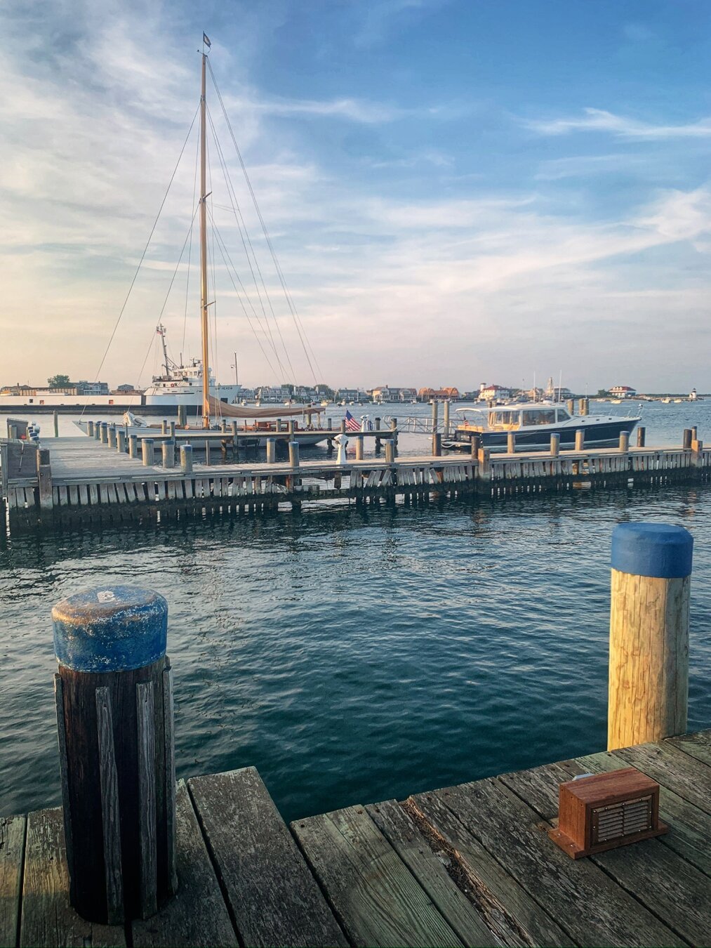 A shot from a dock on Nantucket Island, with boats and water.