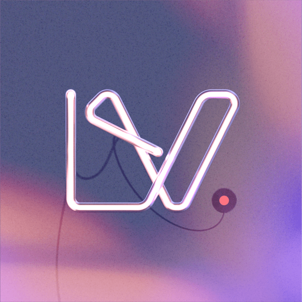 A soft out of focus purple and pink backdrop and a glowing neon sign spelling out the letters "LYV" floating in from.