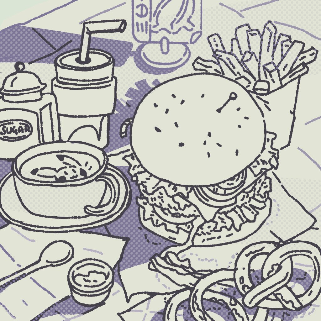 A simple ink drawing of a lavish fast-food meal. A double-patty burger with a lot of condiments, leafage, and some bacon. A side order of fries and pretzels. A latté with a cute pikachu art on it, and a soda and some sugar to taste. Notice, no extra salt anywhere! How healthy!
