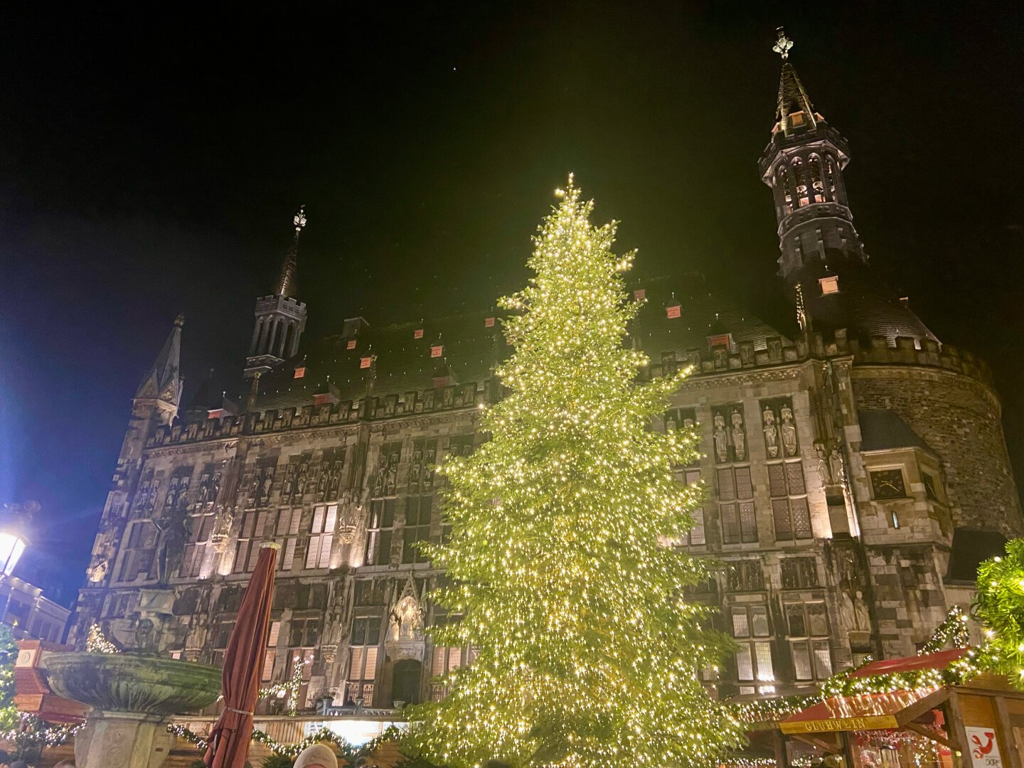 Old city hall building in the background by night. Lights shine on it. In the front is a tall green and decorated christmas tree.