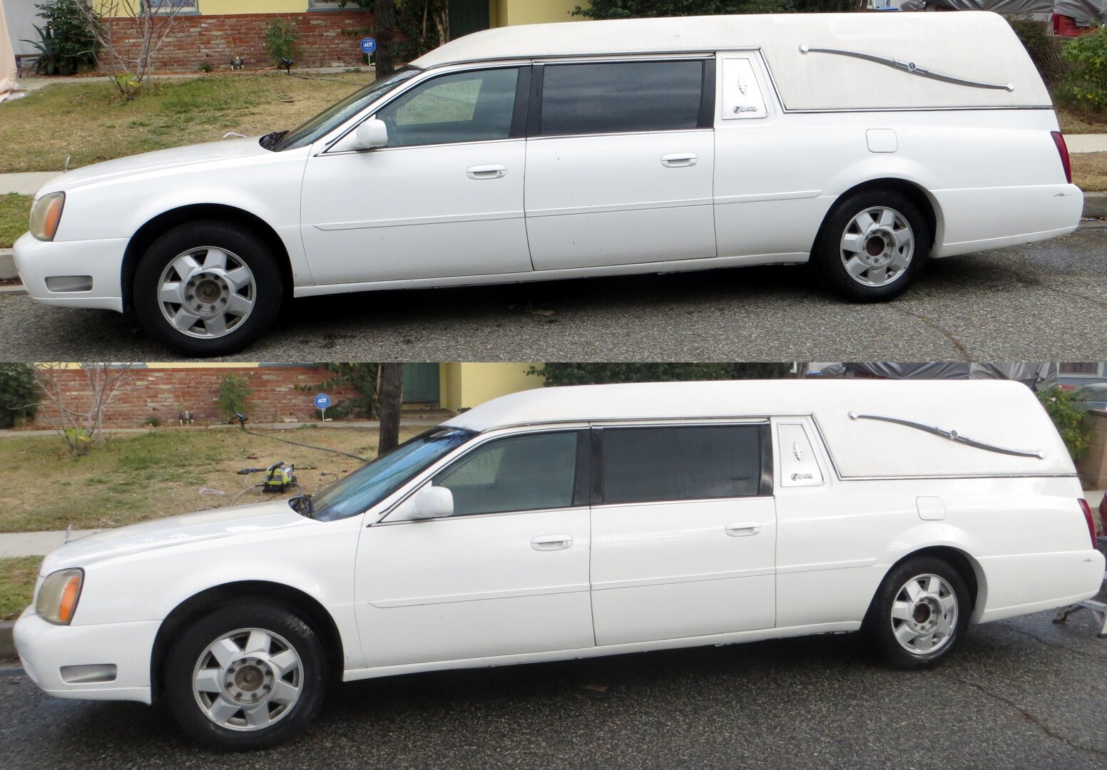 Two pictures of a white 2001 Cadillac DeVille Hearse converted by Superior. In the second picture, the vinyl top is less dirty and marginally more white.