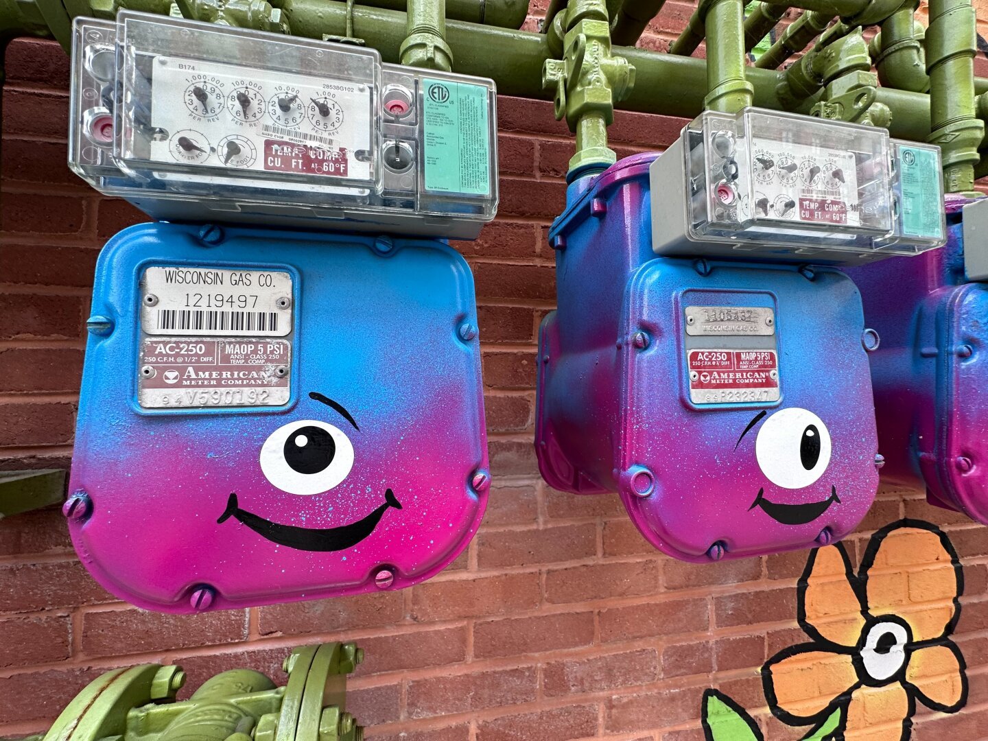 A closeup image of electrical boxes mounted on a brick wall. They are painted purple and blue with big cartoon eyes. The wall is covered by a similarly cartoonish mural featuring green plants.