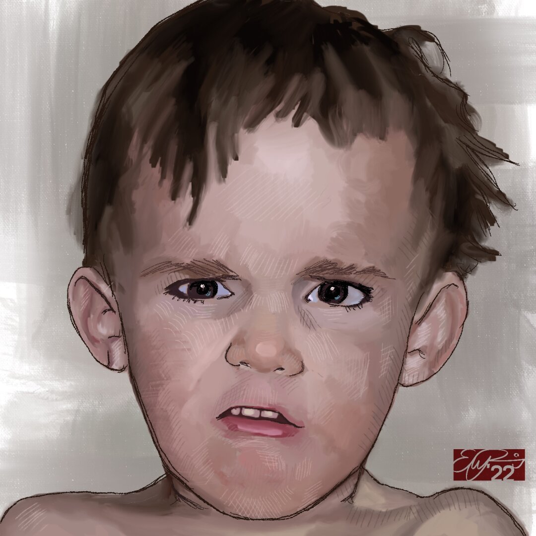 A young boy makes a face of shock and disgust. Digital painting.