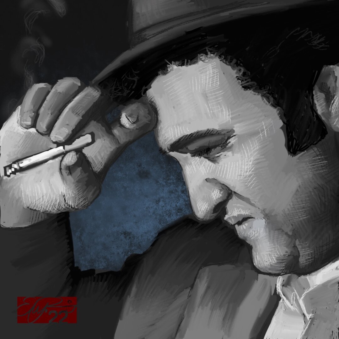 A digital portrait of John Belushi.