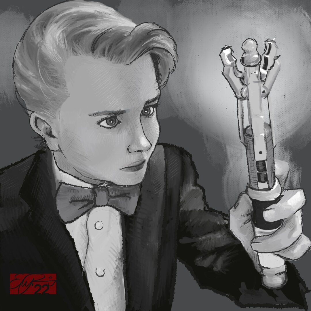 A young boy dressed up as Dr. Who, wields a sonic screwdriver. Digital painting.