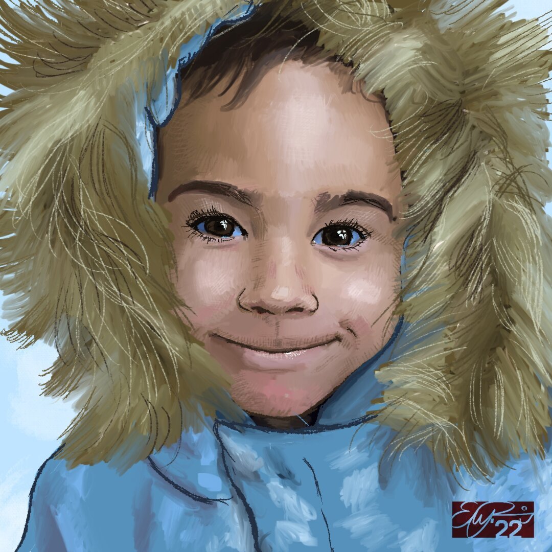 A black girl pears out from a furry parka. Digital painting.