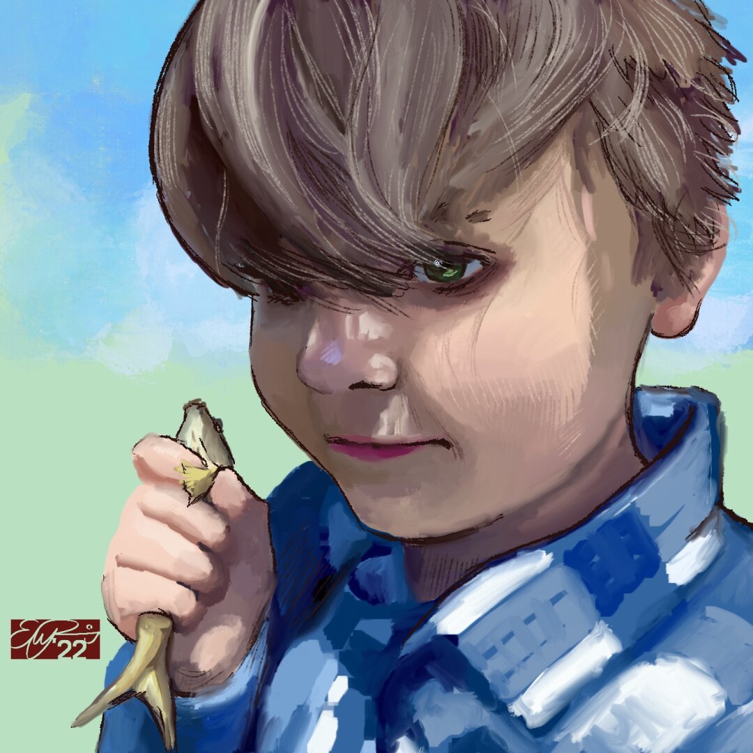 A young white boy holds a minnow. Digital painting.