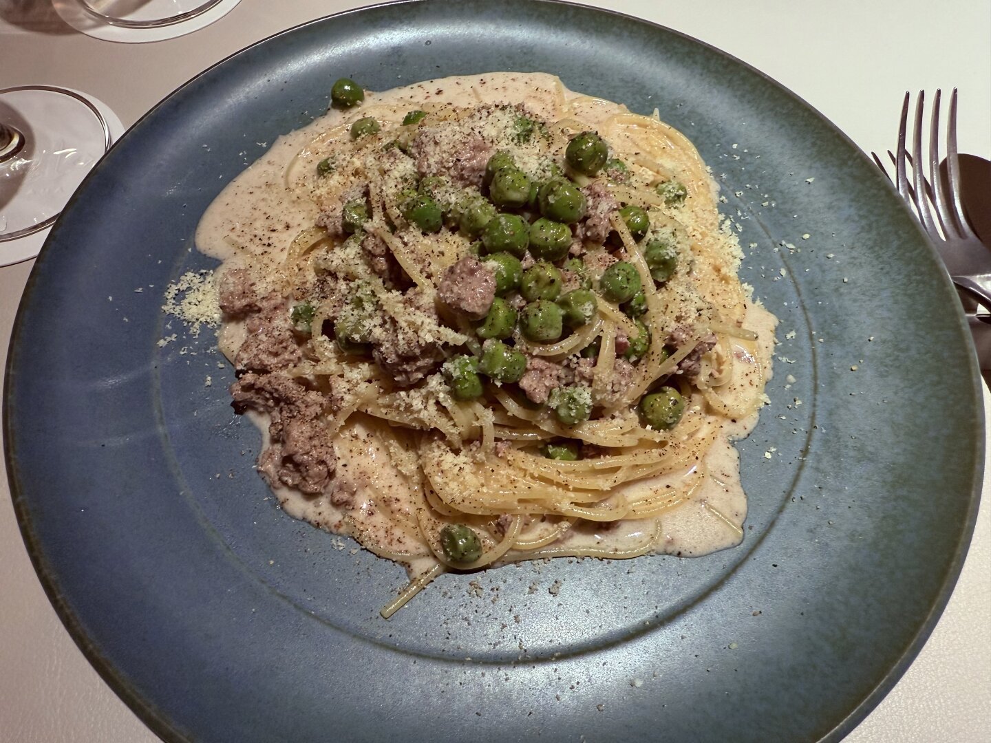 Carbonara with Duck and Green Peas