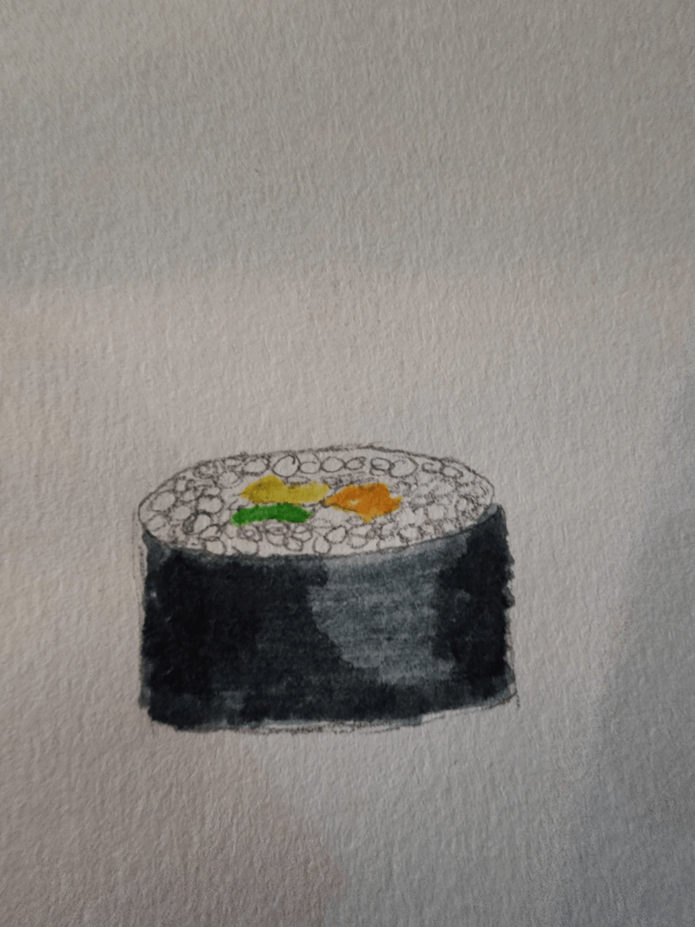 A tiny piece of California Maki in water-based marker