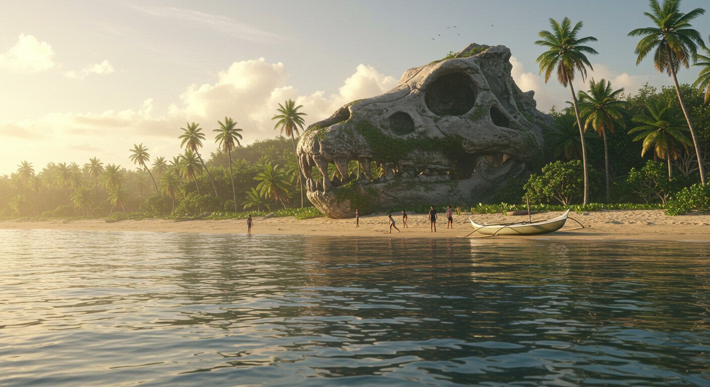Prompt:
A pastoral view of a tropical island beach as viewed from just entering the water off the empty beach. The lighting is warm and inviting. We are directly facing the beach, which  runs horizontally across the frame while palm trees and vegetation are visible  behind the beach. Water, beach and vegetation take up 80% of the frame with sky the remaining 20%. We see that he water laps the beach. We are standing in the water. The foreground and mid area are in focus, with the background beginning to lose focus. The air is very hazy. The top of a giant fossilized skull of a godzilla-like creature is barely visible in the treeline in the background. It is heavily weathered. It's  partially exposed buried in the sand and overgrown with bushes near the treeline. There are a small group of children playing in the surf near the skull. A small canoe with outrigger is beached nearby.
