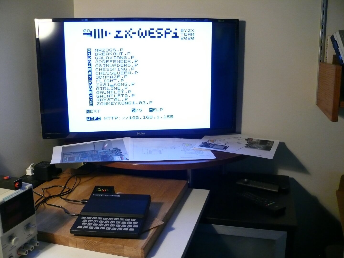 Timex Sinclair 1000 running a WESPI board that acts like a cassette storage device. Screen shows programs loaded into the WESPI.
